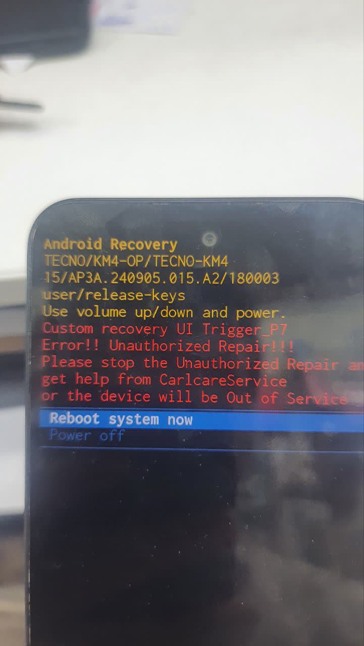 عکس واقعی خطای Trigger_P7 و Unauthorized Repair در TECNO KM4 بعد از ترمیم سریال